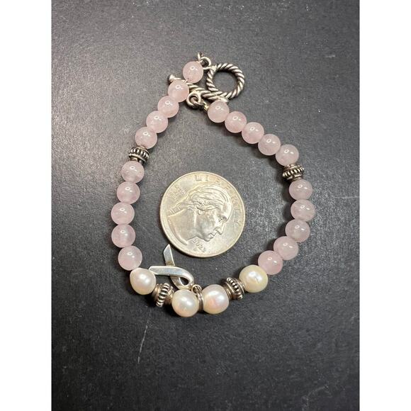 Vintage rose quartz pearls sterling silver breast cancer awareness bracelet - Picture 8 of 11